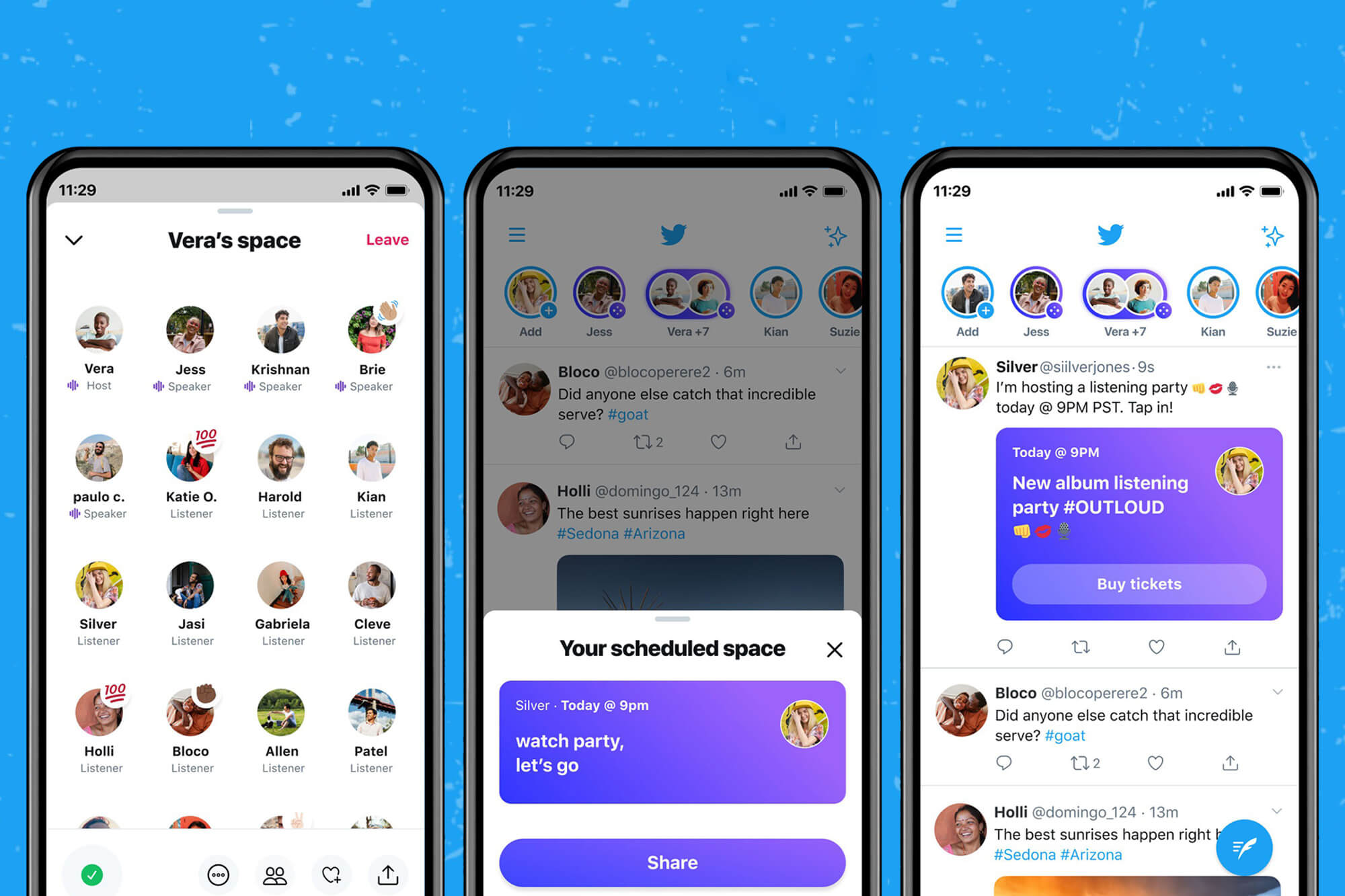 Twitter Spaces are shown on three smartphone screens